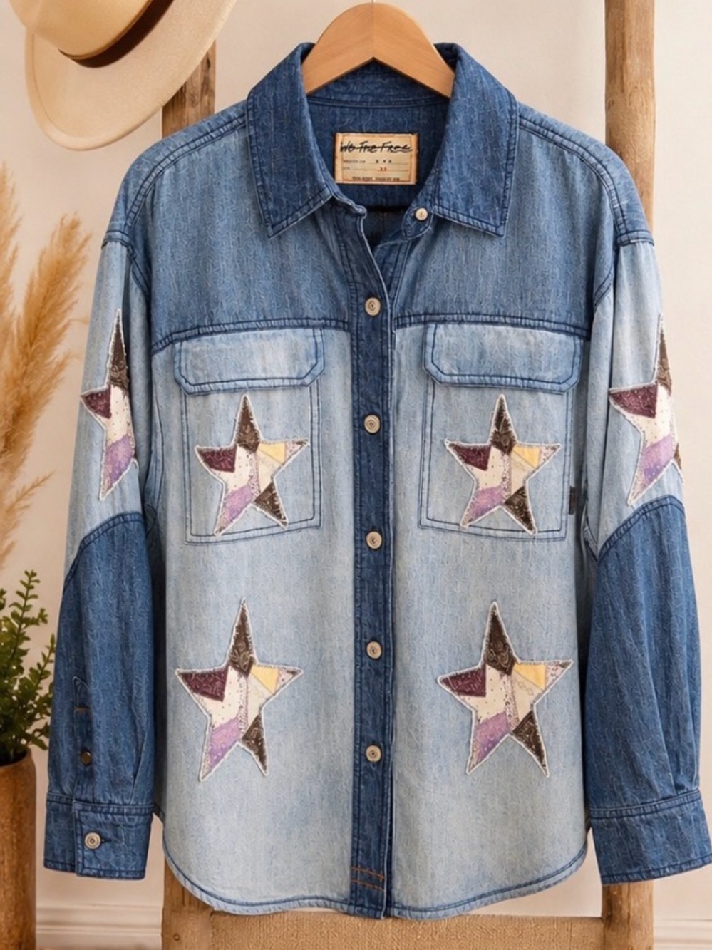 Free People We The Free To The Stars Denim Chambray Star Patch Shirt XS